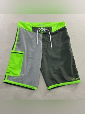 Huk Performance Fishing Board Shorts Mens 36 Gray Neon Green Colorblock Trunks